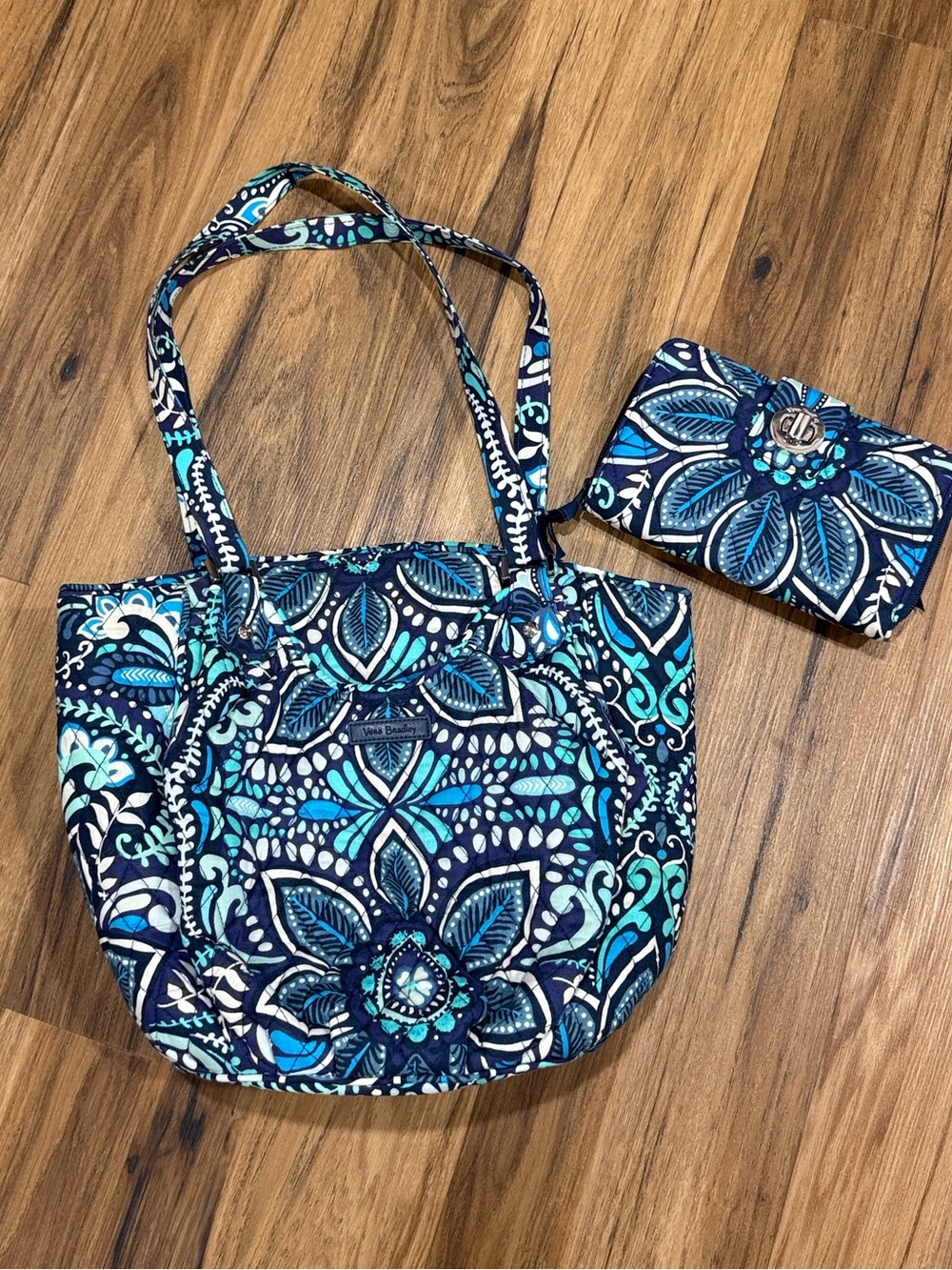 Vera Bradley Blue Floral Quilted Tote and Wallet Set